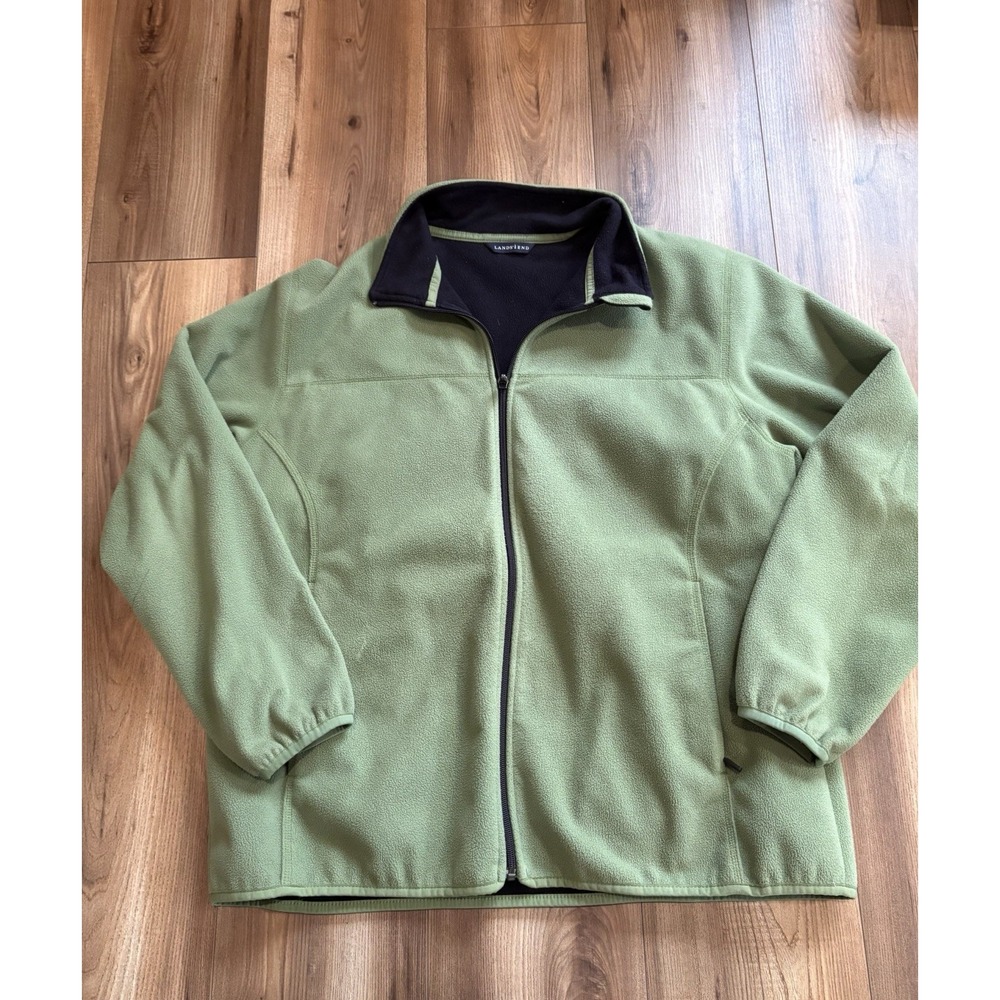 Lands End Jacket Women XL 18 Green Fleece WindCheck Full-Zip Coat Zip Pockets
